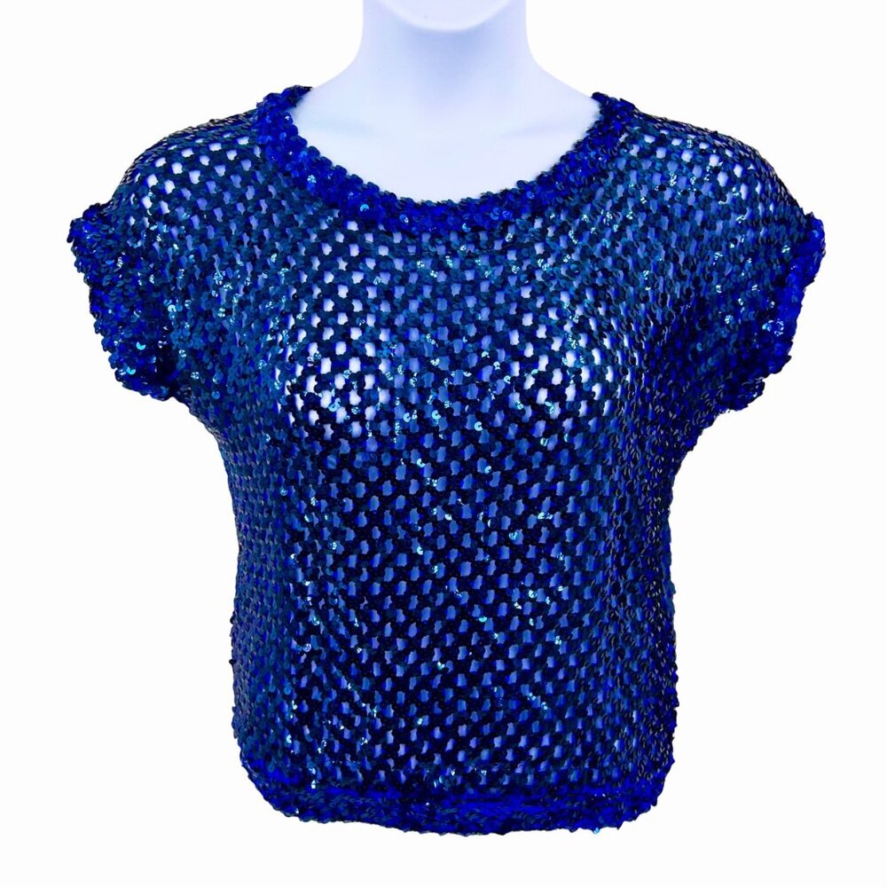 VINTAGE BLUE SEQUIN OPEN WEAVE TOPPETTES BY A. BRAND TOP - M